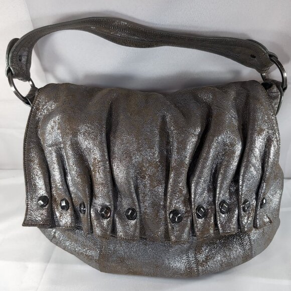 7 For All Mankind Leather Purse Shoulder Bag Silver Distressed Studded Hobo Flap - Picture 2 of 16